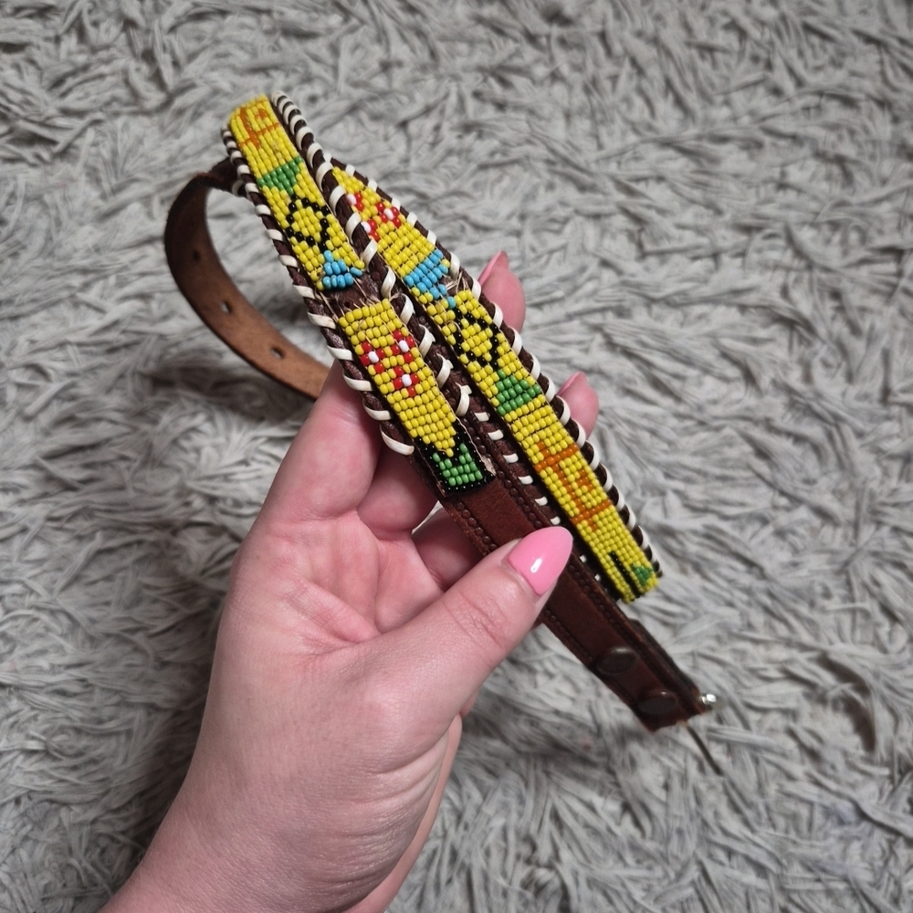 Womens Leather Beaded Belt Tribal Native American Western Country Cowgirl Brown